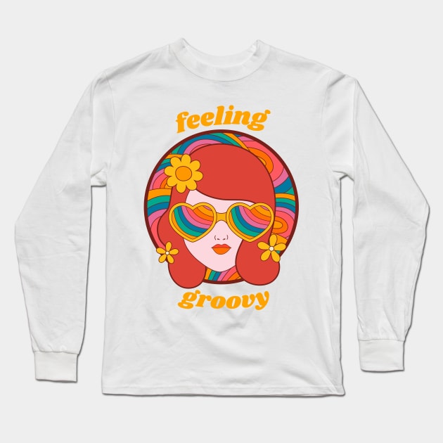 Feeling Groovy - Retro Rainbow Girl in Heart Sunglasses Long Sleeve T-Shirt by Just Kidding Co.